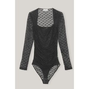 GANNI Women's Size Medium Bodysuit‎ Black Lace Square Back Long Sleeve Lined